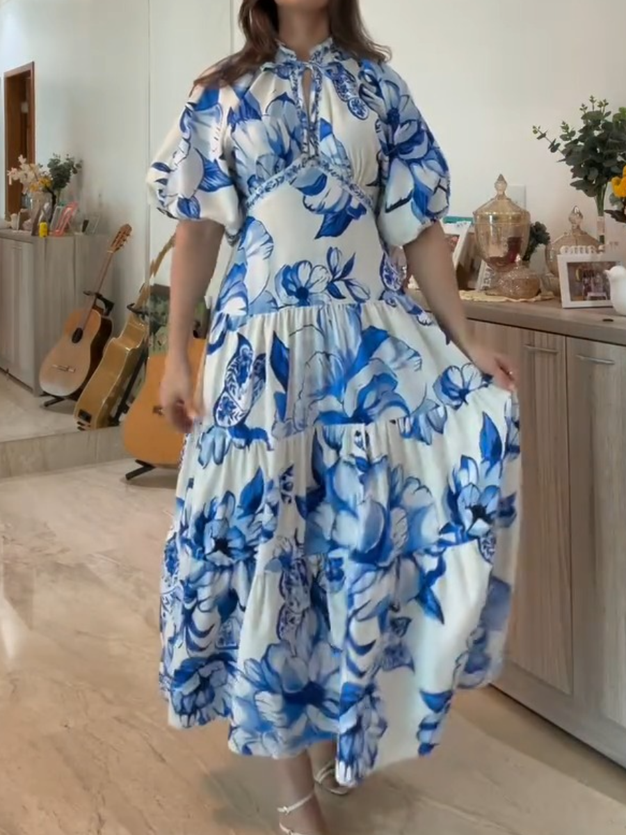 Summer Blue Lotus Printed Maxi Dress