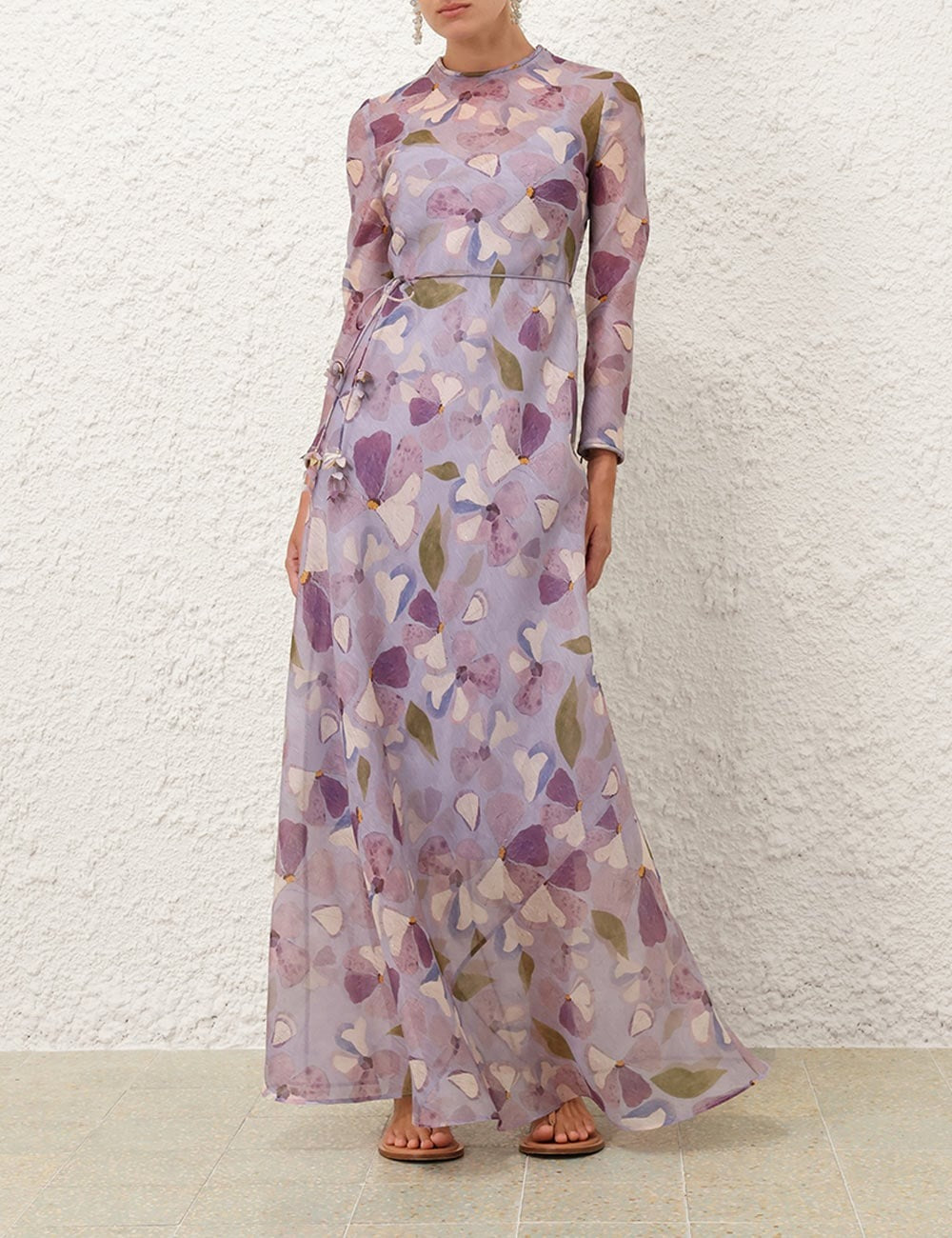 Summer Silk linen Lavender Floral Printed Maxi Dress