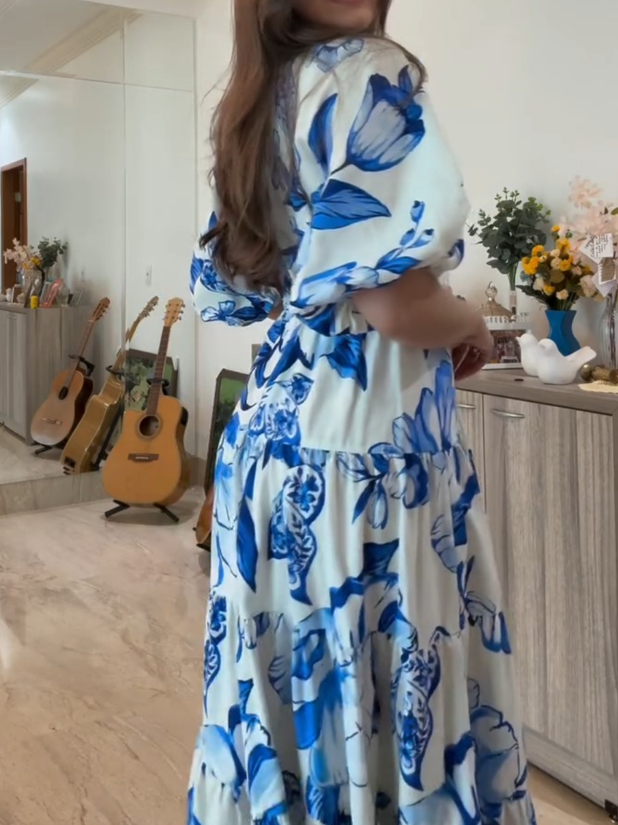 Summer Blue Lotus Printed Maxi Dress