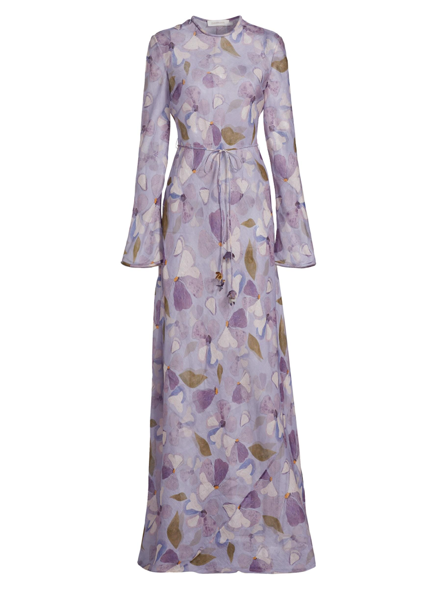 Summer Silk linen Lavender Floral Printed Maxi Dress
