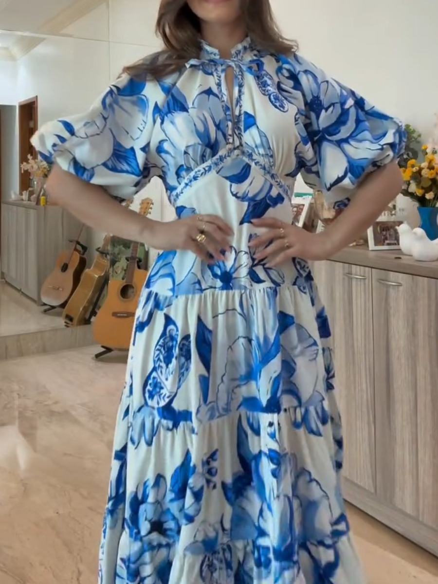 Summer Blue Lotus Printed Maxi Dress