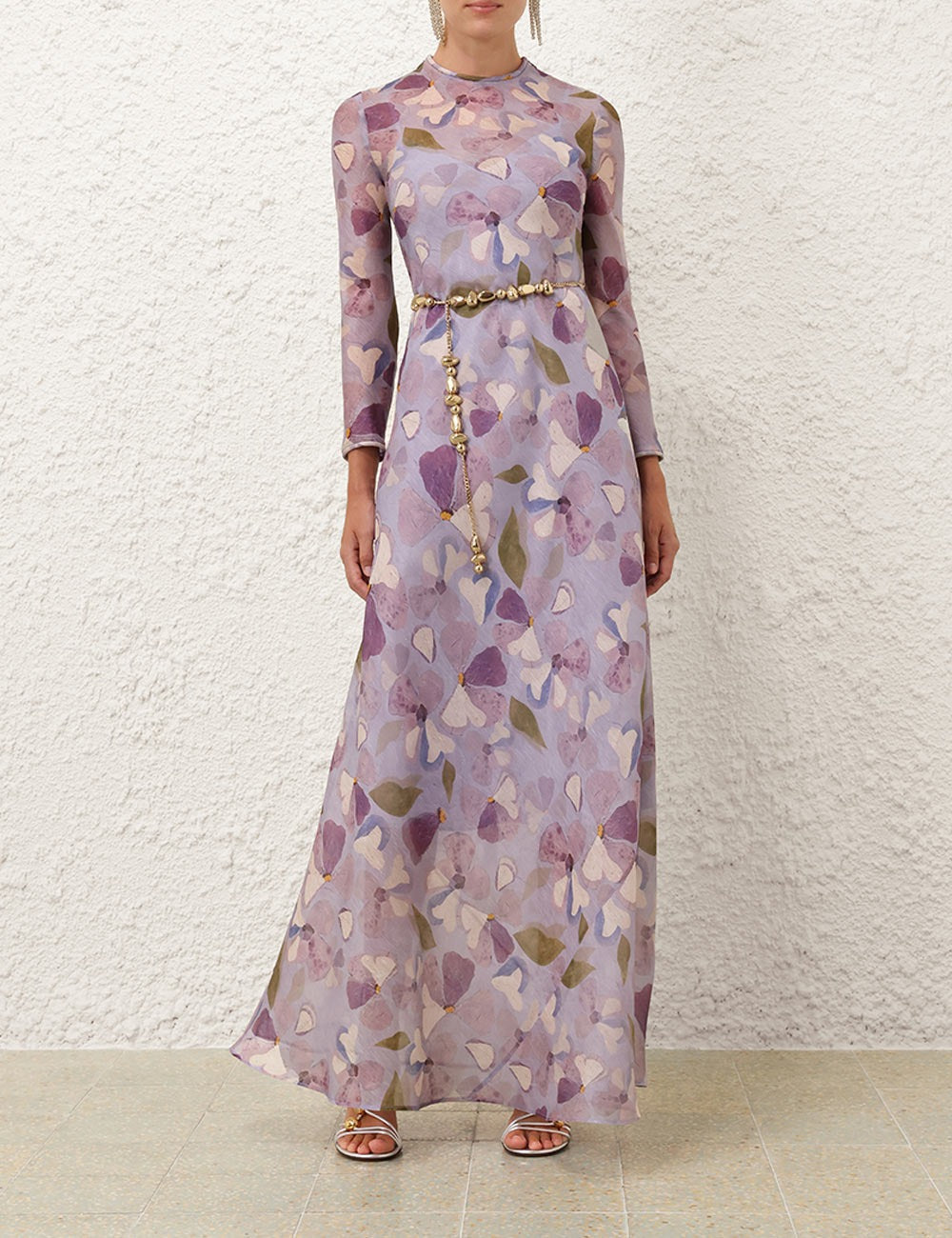 Summer Silk linen Lavender Floral Printed Maxi Dress