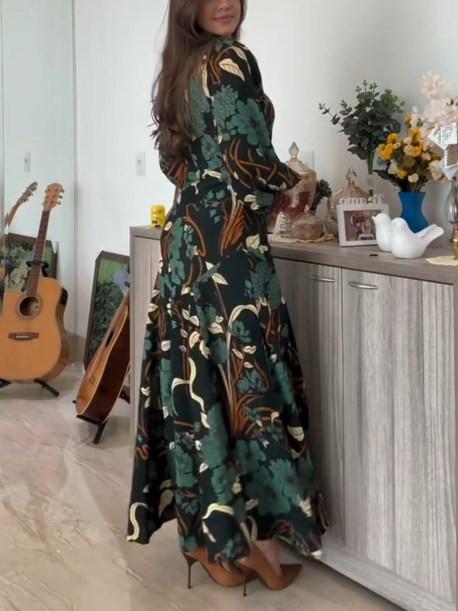 Fashion Floral Embroidery Dark Green Dress