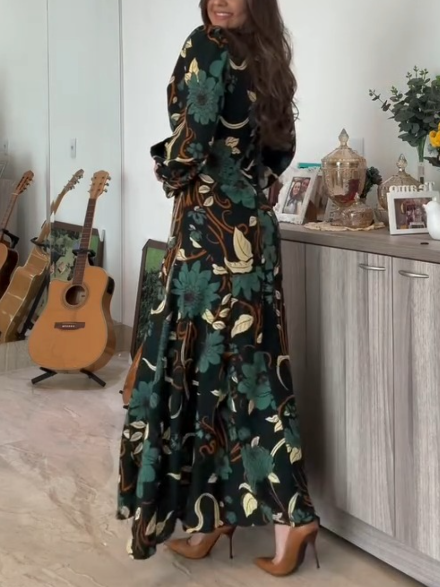 Fashion Floral Embroidery Dark Green Dress