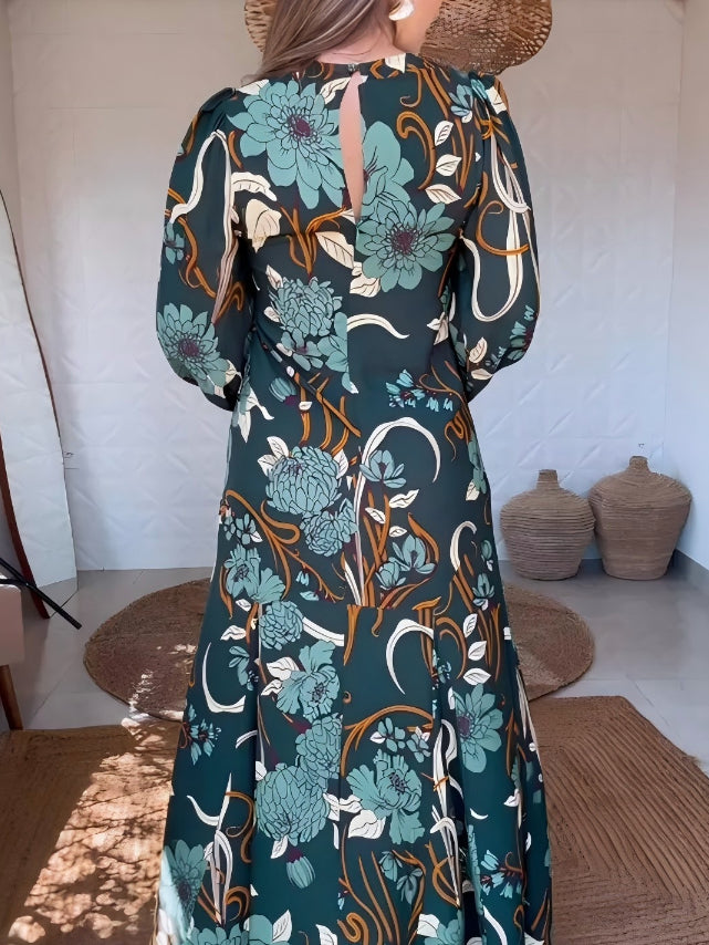 Fashion Floral Embroidery Dark Green Dress